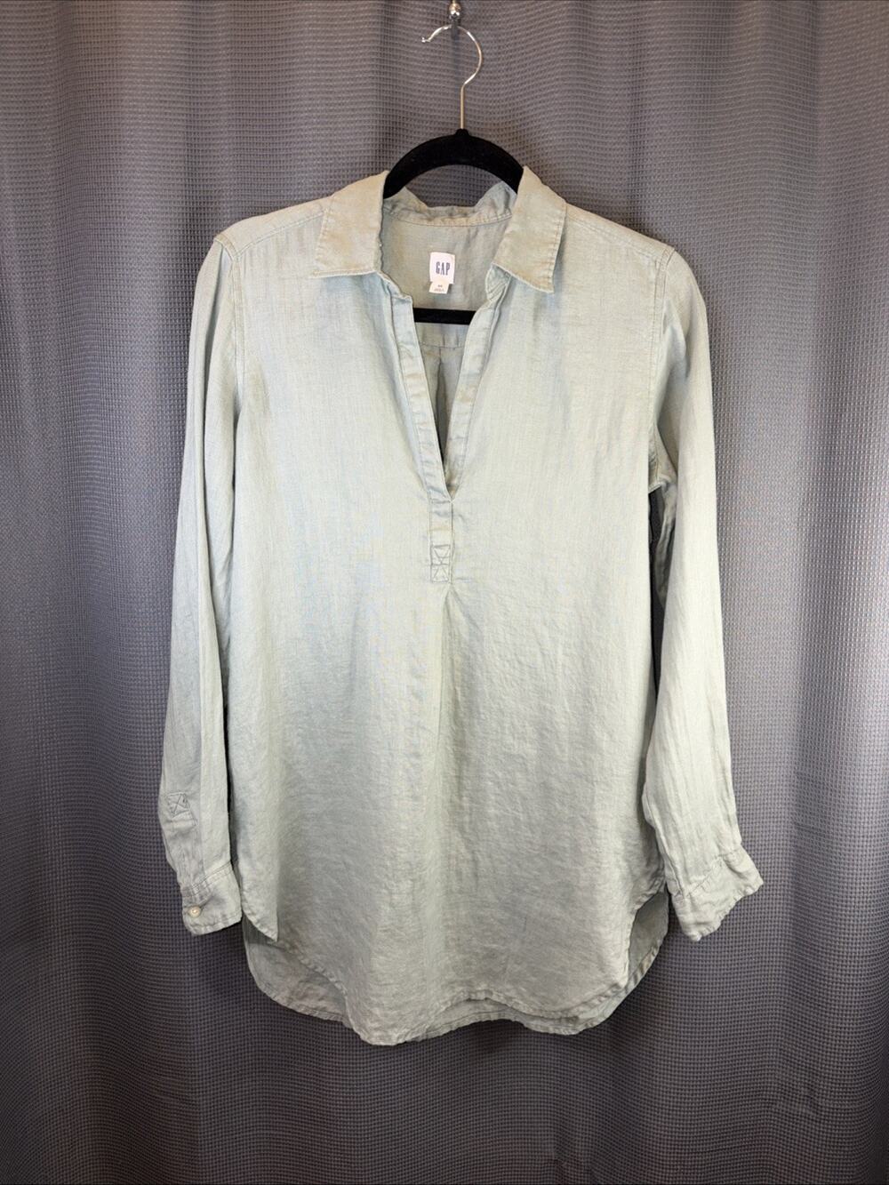 Gap Womens Linen Tunic Shirt Sage Green Split V-Neck Long Sleeve Size XS